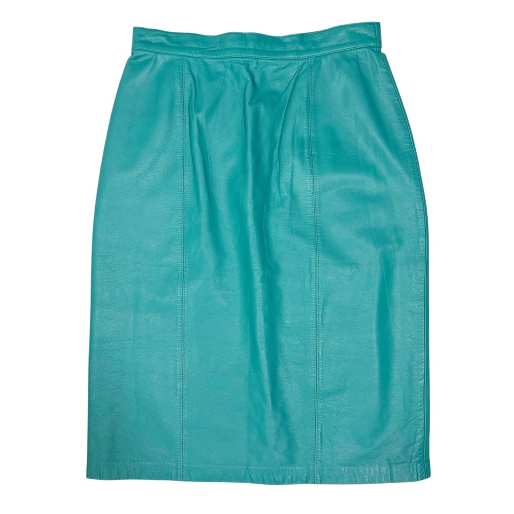 Vintage Cedars Teal Blue Leather‎ Pencil Skirt High Waisted Back Slit Size 8